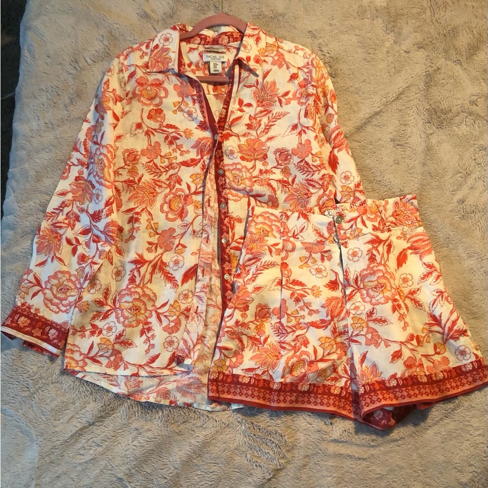 RACHEL ZOE Women Small Red Floral Print Flax Spring Long Sleeve Casual Vacation